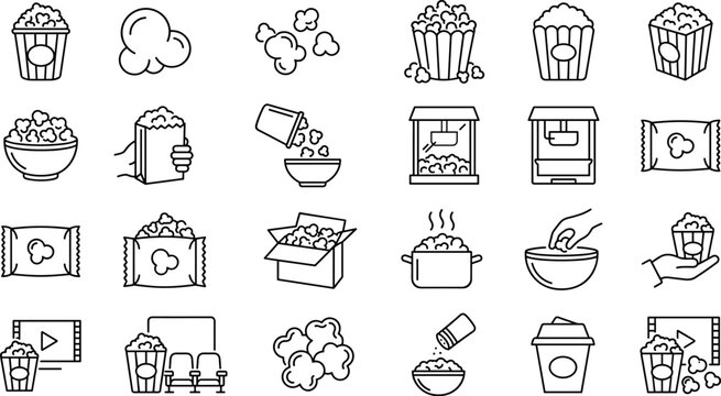 Popcorn Box and Cinema Movie Line Icons Set for Entertainment Snack DesignsPopcorn Box and Cinema Movie Line Icons Set for Entertainment Snack Designs