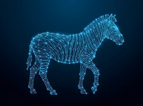 Futuristic zebra created from glowing digital wireframe network