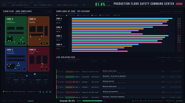 Explore the Worker Safety Dashboard showcasing PPE compliance across various production floor zones with animated data visualizations and real-time event updates.