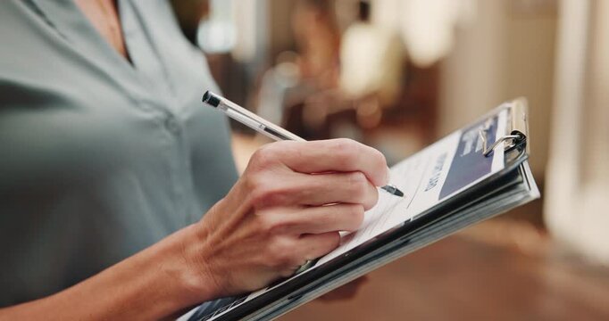 College, writing and teacher with clipboard in hallway for attendance, report and student grades. School, hands and lecturer with paperwork, checklist and documents for curriculum, marks or education