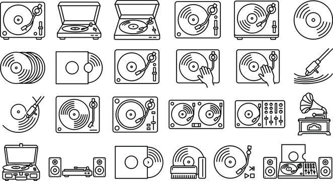Vinyl Turntable and DJ Record Player Line Icons Set for Music Event DesignsVinyl Turntable and DJ Record Player Line Icons Set for Music Event Designs