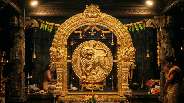 Golden ornate arch framing a carved tiger figure in a temple interior with decorative lighting