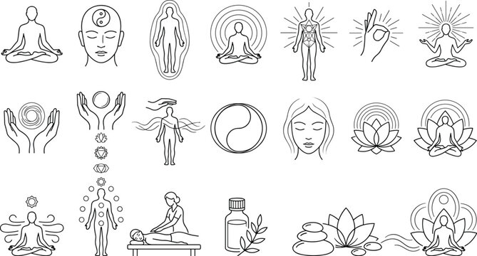 Yoga Meditation and Reiki Healing Line Icons Set for Wellness Center DesignsYoga Meditation and Reiki Healing Line Icons Set for Wellness Center Designs