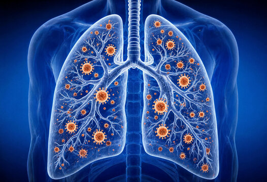 Detailed medical illustration showing coronavirus particles infecting human lungs with bronchial tree structure