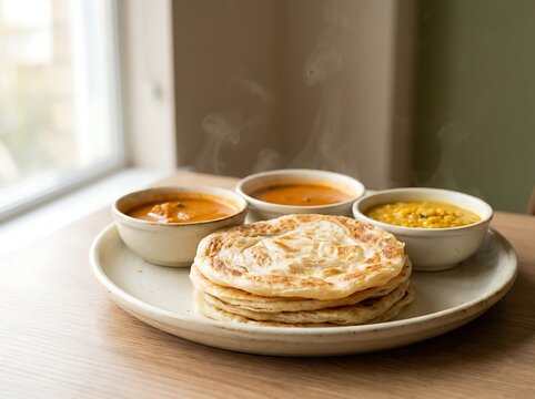 Fresh stack of indian flatbread roti served with bowls of spicy curry on a plate near a window. Malaysian Cuisine