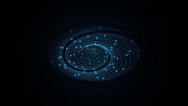 Glowing glowing glowing blue particle swirl spiral background, digital futuristic data stream motion loop, dark technological energy vortex