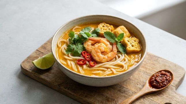 A bowl of delicious spicy shrimp noodle soup with fresh herbs and lime served on a wooden board. Malaysian Cuisine