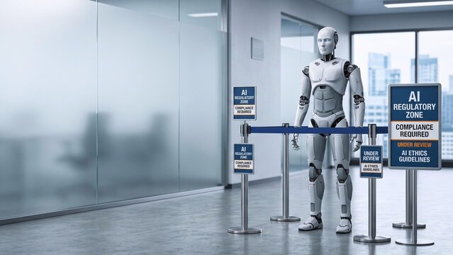 Humanoid robot standing behind an AI regulation checkpoint sign representing artificial intelligence policy and governance concept