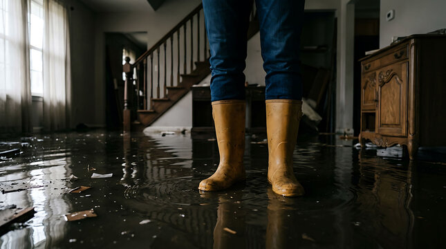 Person wearing yellow rain boots standing inside a flooded home living room