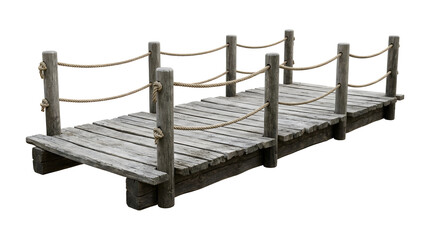 Naklejka premium Rustic wooden bridge isolated on white background, weathered timber pier with rope railing, small wooden footbridge object