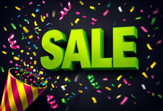 Bright sale sign with colorful confetti and party horn celebration
