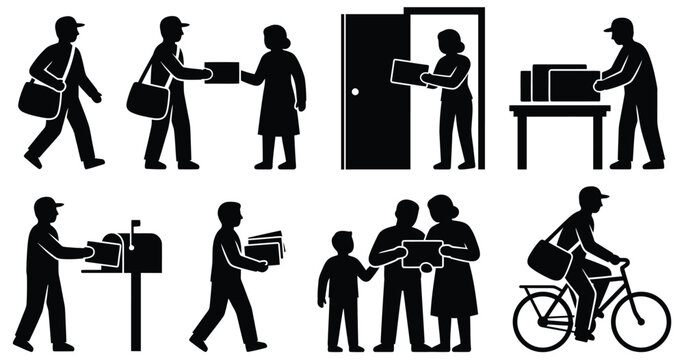 Mailman delivering mail letters parcels post office courier service pictogram icon set vector illustration