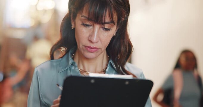 University, lecturer and woman with clipboard in hallway for attendance, report and student grading. School, college and teacher with documents, checklist and exam for curriculum, survey or education