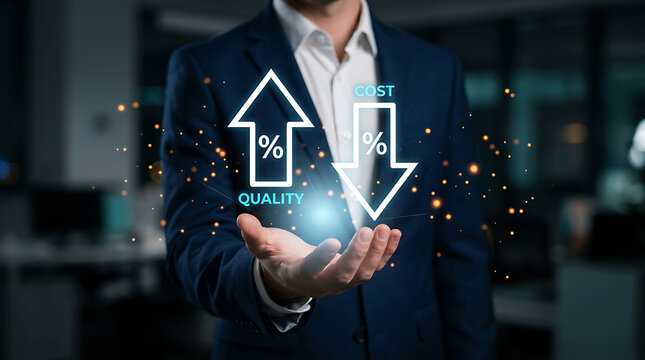 Businessman holding futuristic holographic graphics for quality and cost reduction