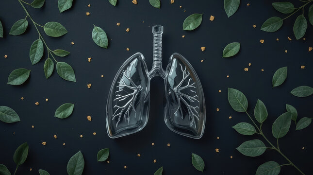 Glass lung health awareness leaf medical concept dark background