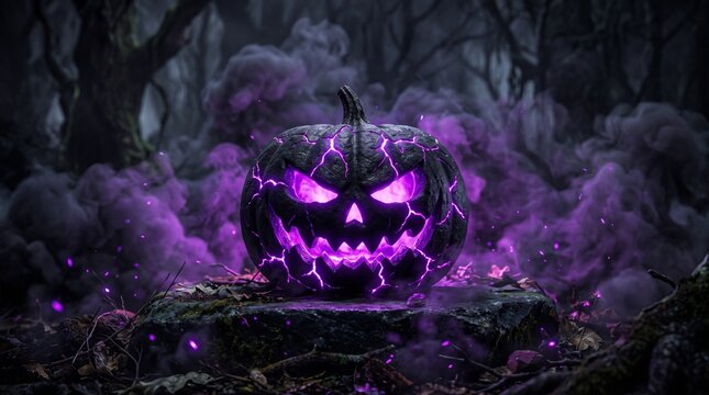 Glowing evil jack o lantern pumpkin with purple electrical energy in forest