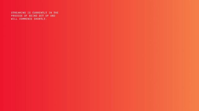 Vibrant orange and red gradient live stream starting soon screen with bold typography reading thank you for your patience and streaming setup notice, featuring modern graphic icons.