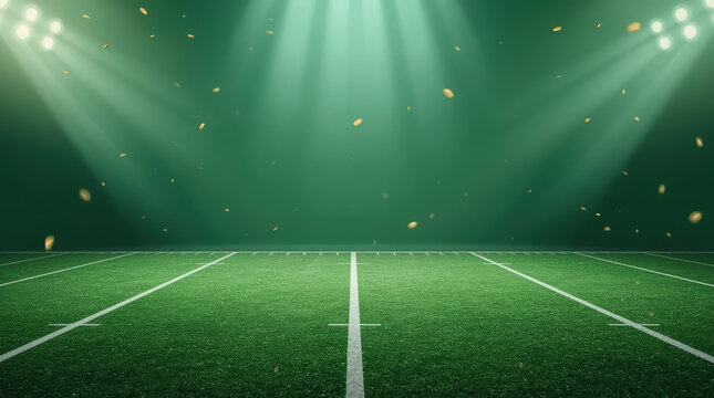 Green American football field stadium lights with falling confetti creating celebratory