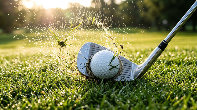 Dynamic action shot of golf club striking golf ball with dew and grass spray