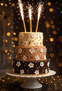 Elegant Three Tier Cake With Sparkler Lights And Floral Decorations