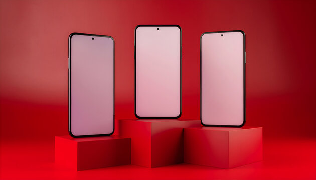 Three modern smartphones mockup on red gradient platform display