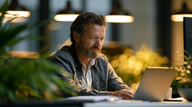 Mature businessman working on a laptop at his desk in a modern office