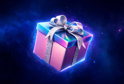 Gift box with shiny glitter bow floating in magical glowing light