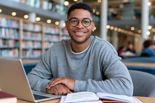 Young man smiles warmly while studying at a library. He wears glasses and a grey sweater, sitting at a wooden table. Laptop and open books lie before him, suggesting focused learning