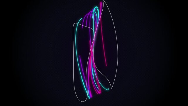 Futuristic neon light trails floating in dark space, abstract glowing cyan and magenta geometric line wave animation, modern 3D technology VJ loop