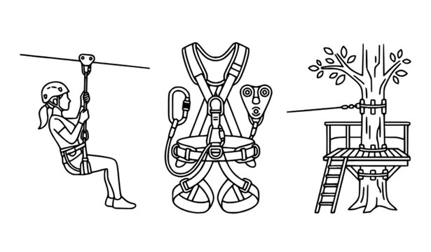 Minimalist monoline zipline icon set with outline characters harness equipment and adventure park rope line vector