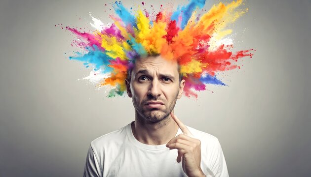 Man with vibrant colorful powder explosion from head symbolizing creativity, stress, idea generation, and mental energy.