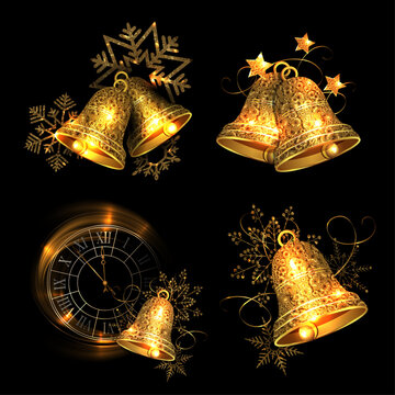 Merry Christmas 2027. Gold textured bells, isolated set.