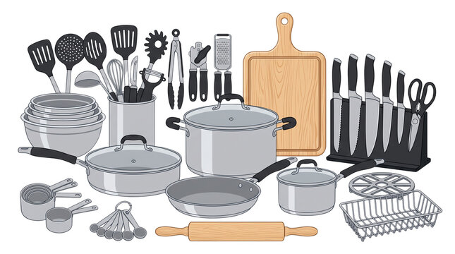 Stainless steel kitchen utensils set, complete cookware equipment collection, wooden cutting board and chef knives tools for home cooking isolated PNG with Transparent Background
