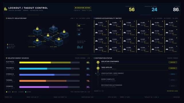 A detailed Lockout Tagout dashboard displays isolated equipment, worker accountability, and restoration status with animated visuals in a split layout and vibrant colors.