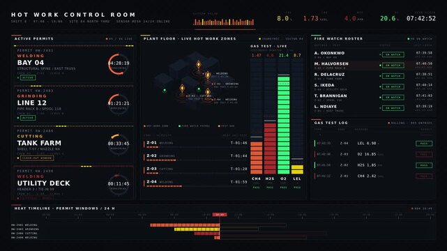 The Hot Work Dashboard displays real-time permits, gas tests, and fire watches, featuring a modern interface with vibrant colors and dynamic animations for safety monitoring.