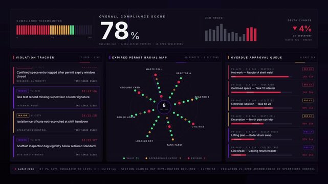 A detailed permit compliance dashboard showcasing overdue approvals, expired permits, and violations with a modern design in deep violet and crimson accents.