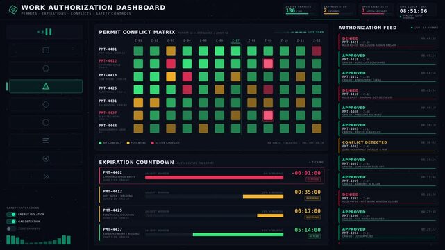 A detailed work authorization dashboard displaying permits, expirations, conflicts, and safety controls with vibrant teal and magenta accents against a deep space background.