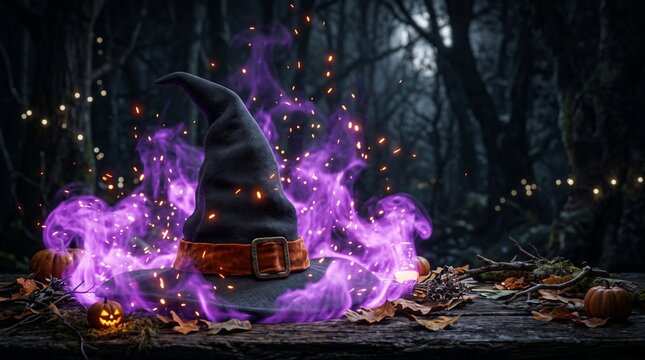 Witch hat glowing with magical purple smoke in a dark enchanted forest