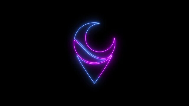 Glowing neon map pin icon featuring a crescent moon shape inside