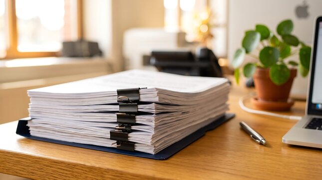 Stack of documents organized with black binder clips on an office desk stack of paper business documents document management office supplies office work document filing