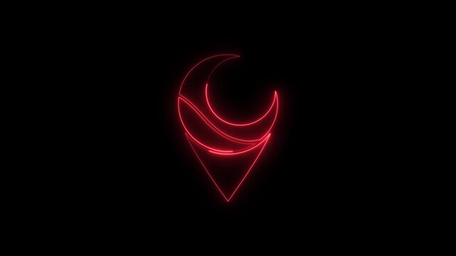 Glowing red neon map pin icon featuring a crescent moon shape
