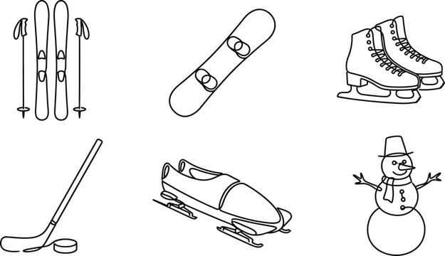 Collection of outline winter sports and recreation icons including skis snowboard ice skates hockey bobsled and a snowman perfect for seasonal web and app design