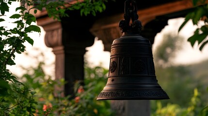 Fototapeta premium An ornate traditional bell hangs suspended amidst lush greenery under soft ambient light framed by architectural columns