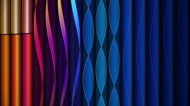 Vertical glowing neon light columns oscillating with fluid wave ribbons in seamless motion for premium