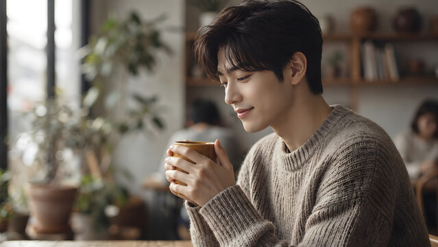Young man holding a warm mug in a softly lit home interior