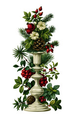 Obraz premium PNG Vintage botanical arrangement with pine, berries, flowers, urn pedestal