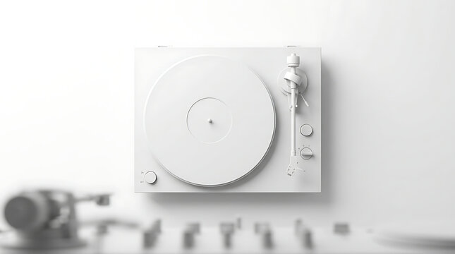 Minimalist White Turntable Playing Vinyl Record on Clean Minimal Background for Music and Audio Concept
