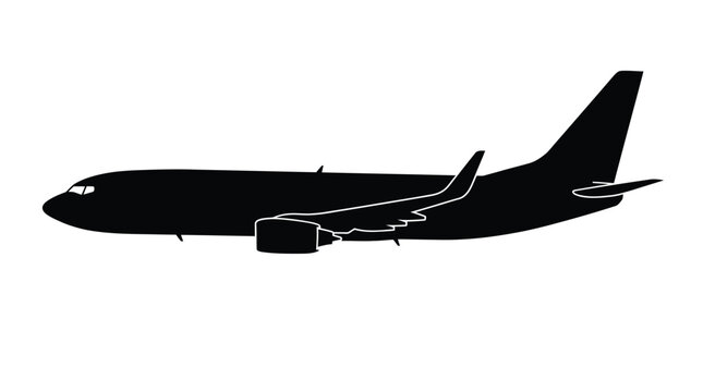 Detailed black passenger airplane vector graphic illustration with winglets in side view profile