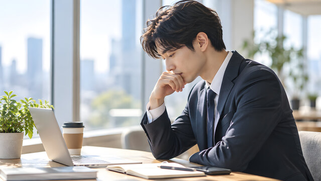 Businessman thinking while working on a laptop at his desk