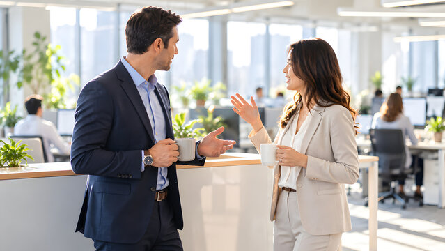 Business colleagues talking during an informal office discussion